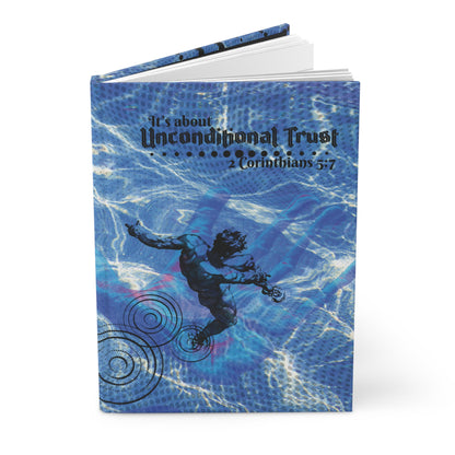 Angle view the Unconditional Trust Hardcover Christian Journal a  hardback faith-based journal showing sturdy cover and bold Christian artwork.