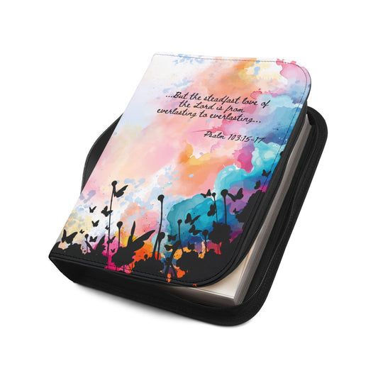 Angled view of Everlasting to Everlasting Bible Cover slightly unzipped, showcasing the interior compartments and sturdy construction—ideal for daily use and prayer-ready moments.