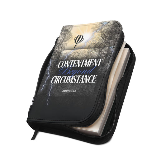 Angled view of the Contentment beyond Circumstance Bible Cover slightly unzipped, showcasing the interior compartments and sturdy construction—ideal for daily use and prayer-ready moments.