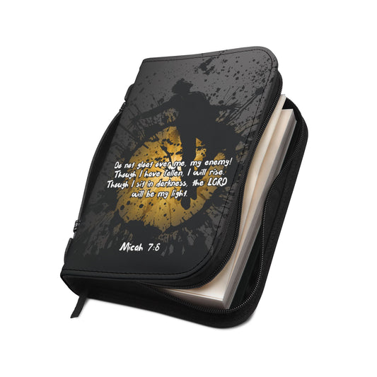 Angled view of the "Don't Gloat over me" Bible Cover slightly unzipped, showcasing the interior compartments and sturdy construction—ideal for daily use and prayer-ready moments.