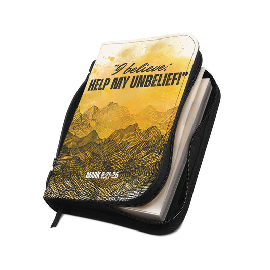 Angled view of the "I Believe—Help My Unbelief" Bible Cover  slightly unzipped, showcasing the interior compartments and sturdy construction—ideal for daily use and prayer-ready moments.