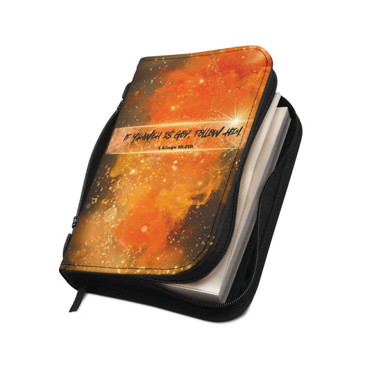 Angled view of the If Yahweh is God Bible Cover slightly unzipped, showcasing the interior compartments and sturdy construction—ideal for daily use and prayer-ready moments.