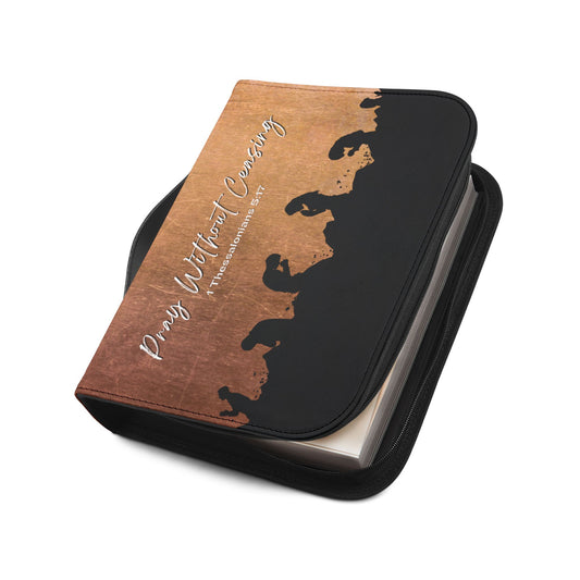 Angled view of the Prayer Warrior's Bible Cover slightly unzipped, showcasing the interior compartments and sturdy construction—ideal for daily use and prayer-ready moments.