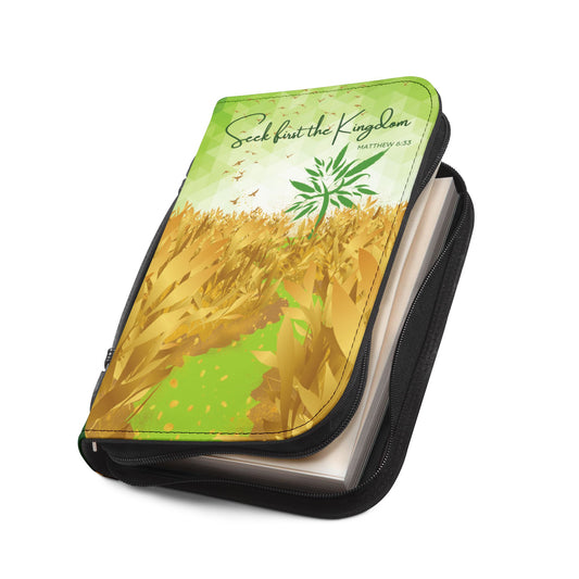 Angled view of the Seek First the Kingdom Bible Cover slightly unzipped, showcasing the interior compartments and sturdy construction—ideal for daily use and prayer-ready moments.