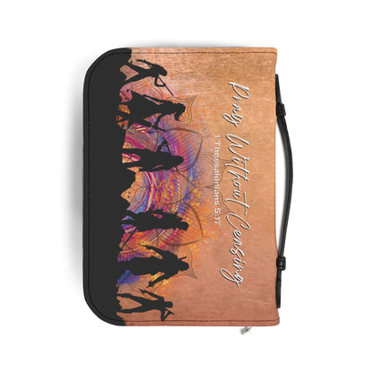 Back of the The Prayer Warrior's Bible Cover with with the scripture 'Pray Without Ceasing – 1 Thessalonians 5:17' and silhouettes of spiritual warriors consistent in prayer."