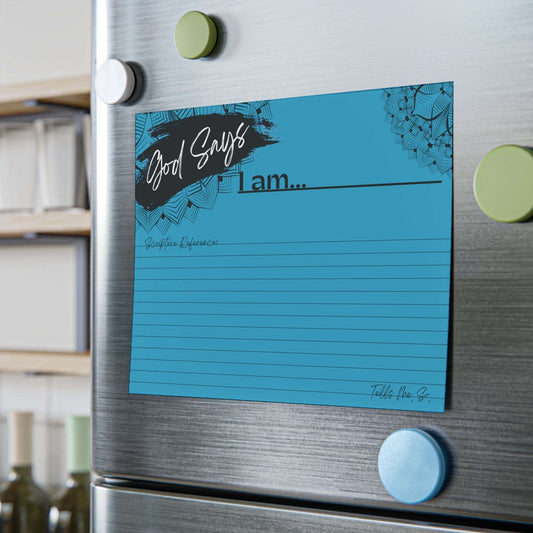 Biblical Affirmations Blue Post-it Note Pad 8 x 6 size example on fridge door. 