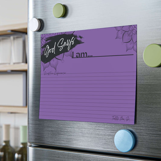 Biblical Affirmations Purple Post-it Note Pad 8 x 6 size example on fridge door. 