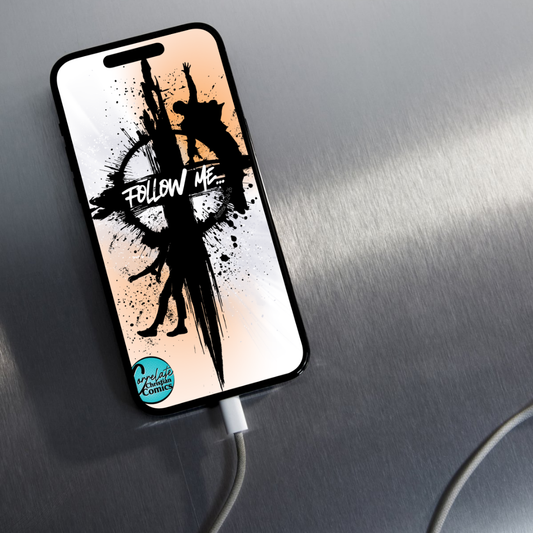 Phone charging on a metal surface featuring a Christian wallpaper with a bold black cross and “Follow Me” from Matthew 16:24–26 on the lock screen.