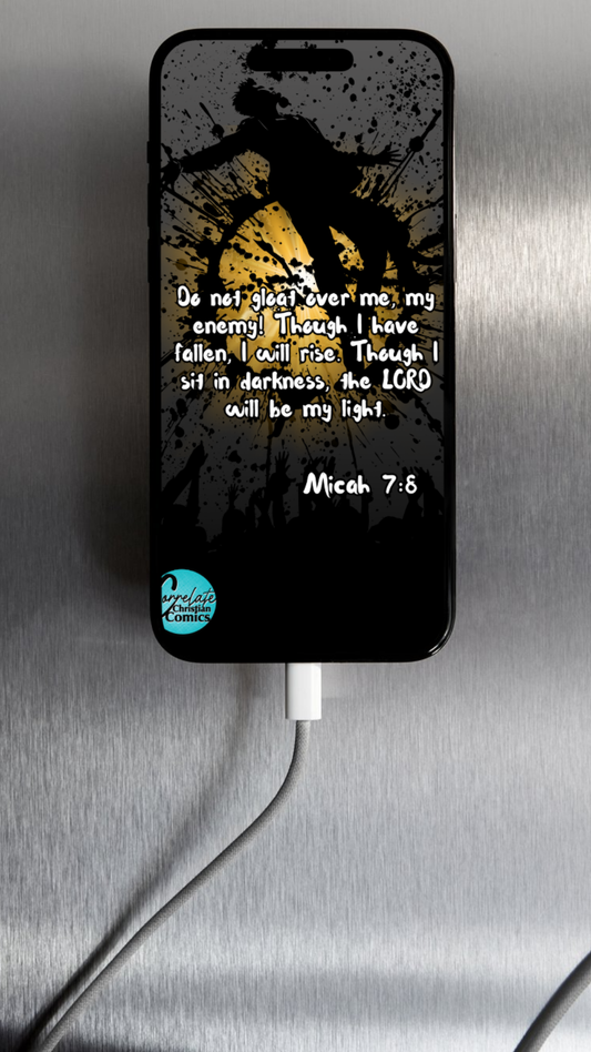 A Phone Wallpaper with a stunning black and yellow design inspired by Micah 7:8 "Don't Gloat Over me" showing on a charging smartphone sitting  on a metallic surface.