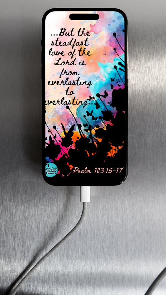 Phone case with a colorful floral design inspired by Psalm 103: "Everlasting to Everlasting" sitting, charging on a metallic surface.
