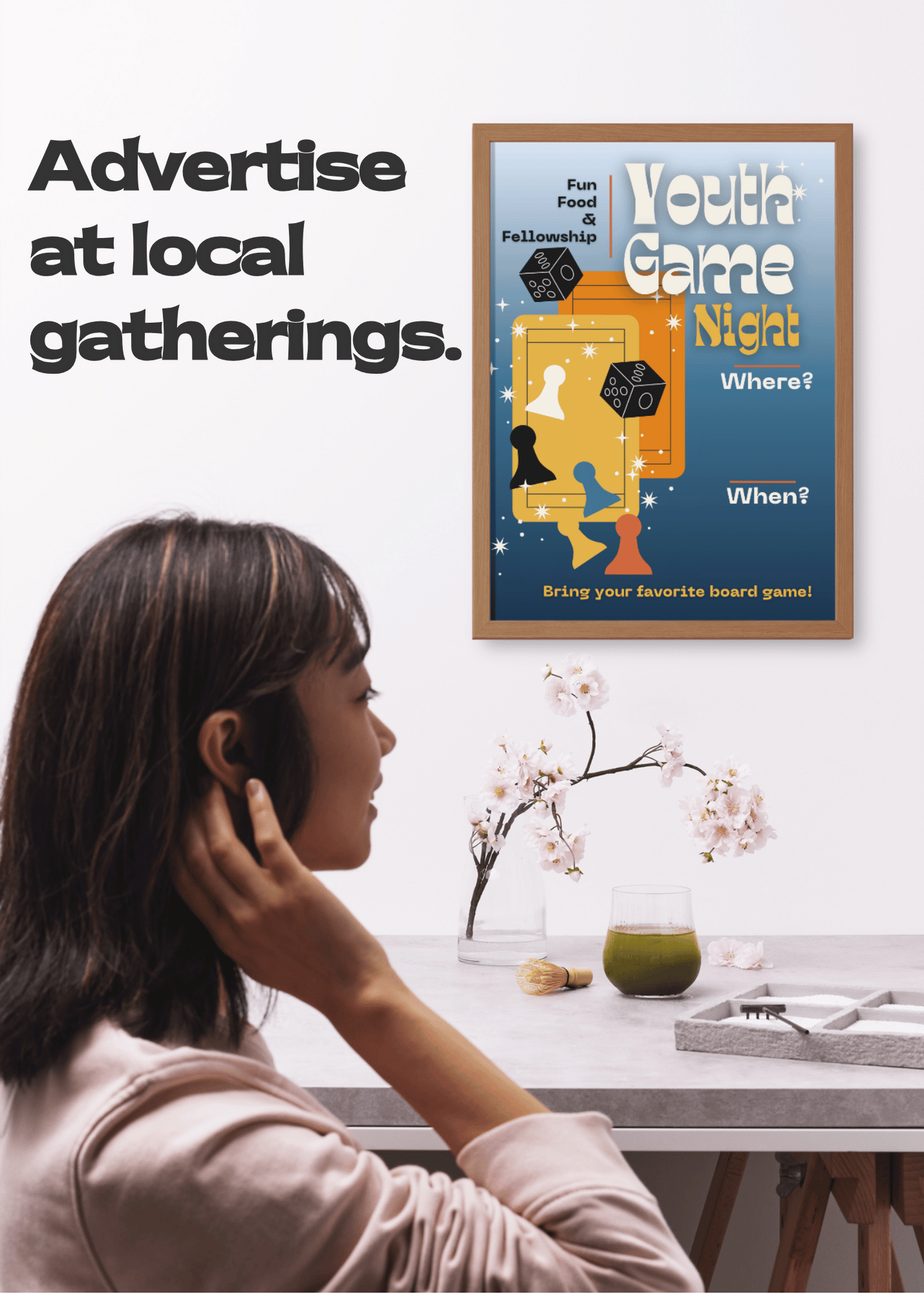 A woman notices a framed poster about inviting all teens to the 'Youth Game Night' on the wall.
