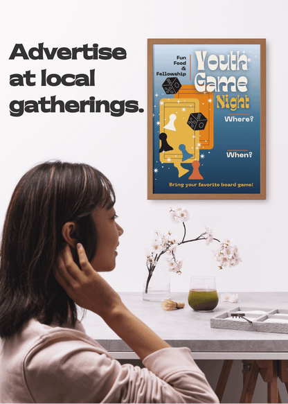 A woman notices a framed poster about inviting all teens to the 'Youth Game Night' on the wall.