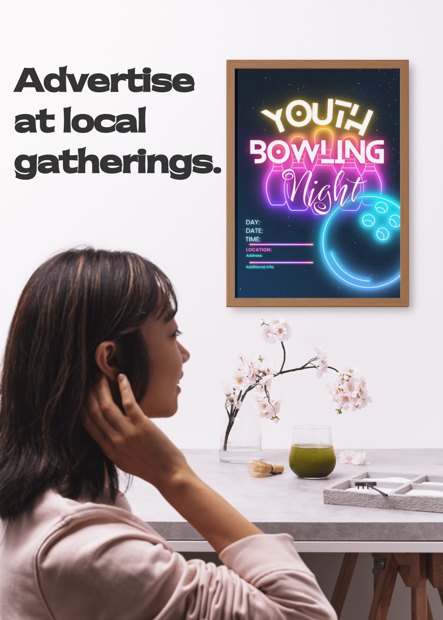 Young woman looking at a poster promoting 'Youth Bowling Night.'