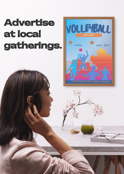 Woman noticing a colorful volleyball event poster on the wall above her.