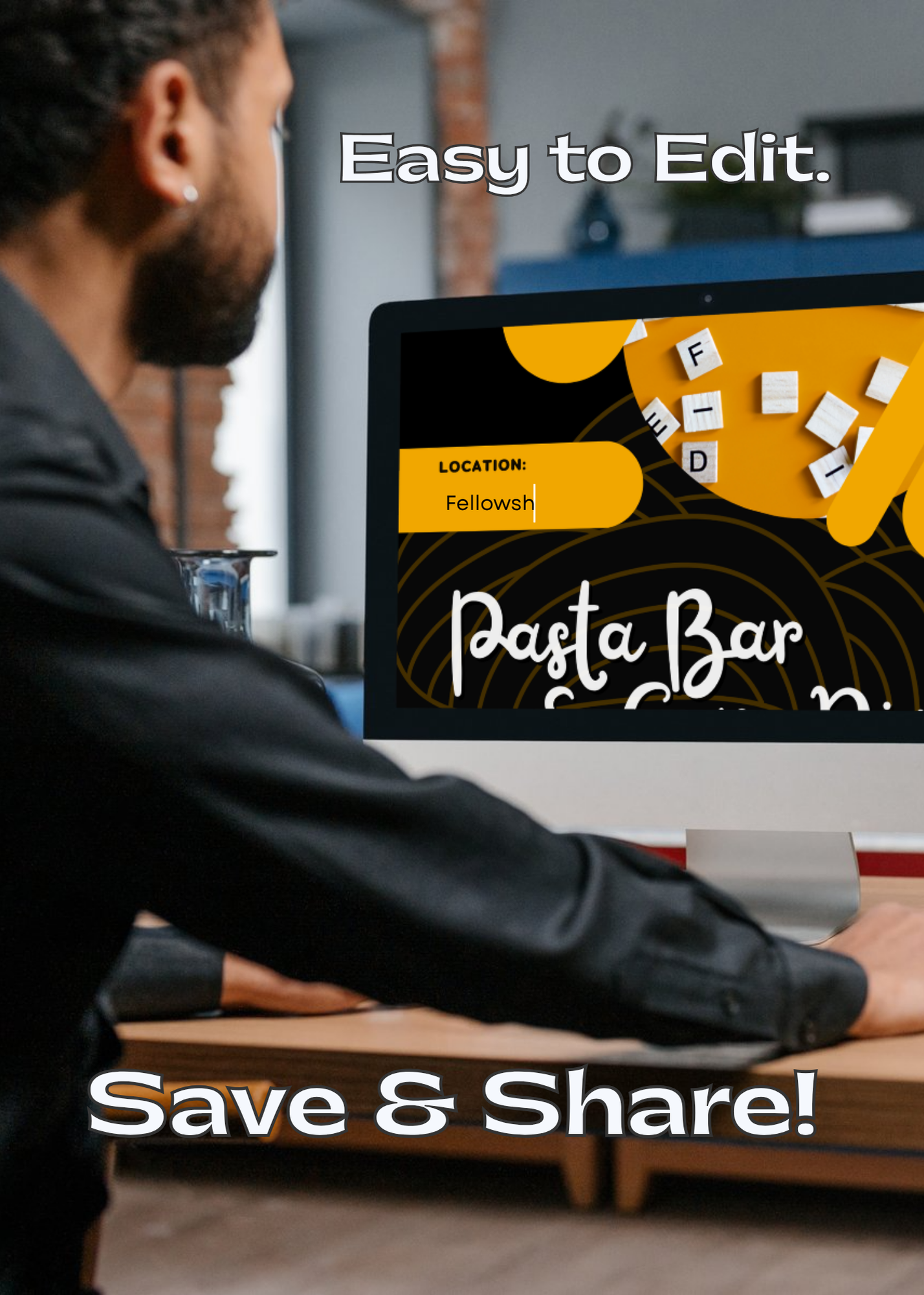 Person using a computer to fill out the pasta bar and game night fillable event flyer on the screen, set against an office background.