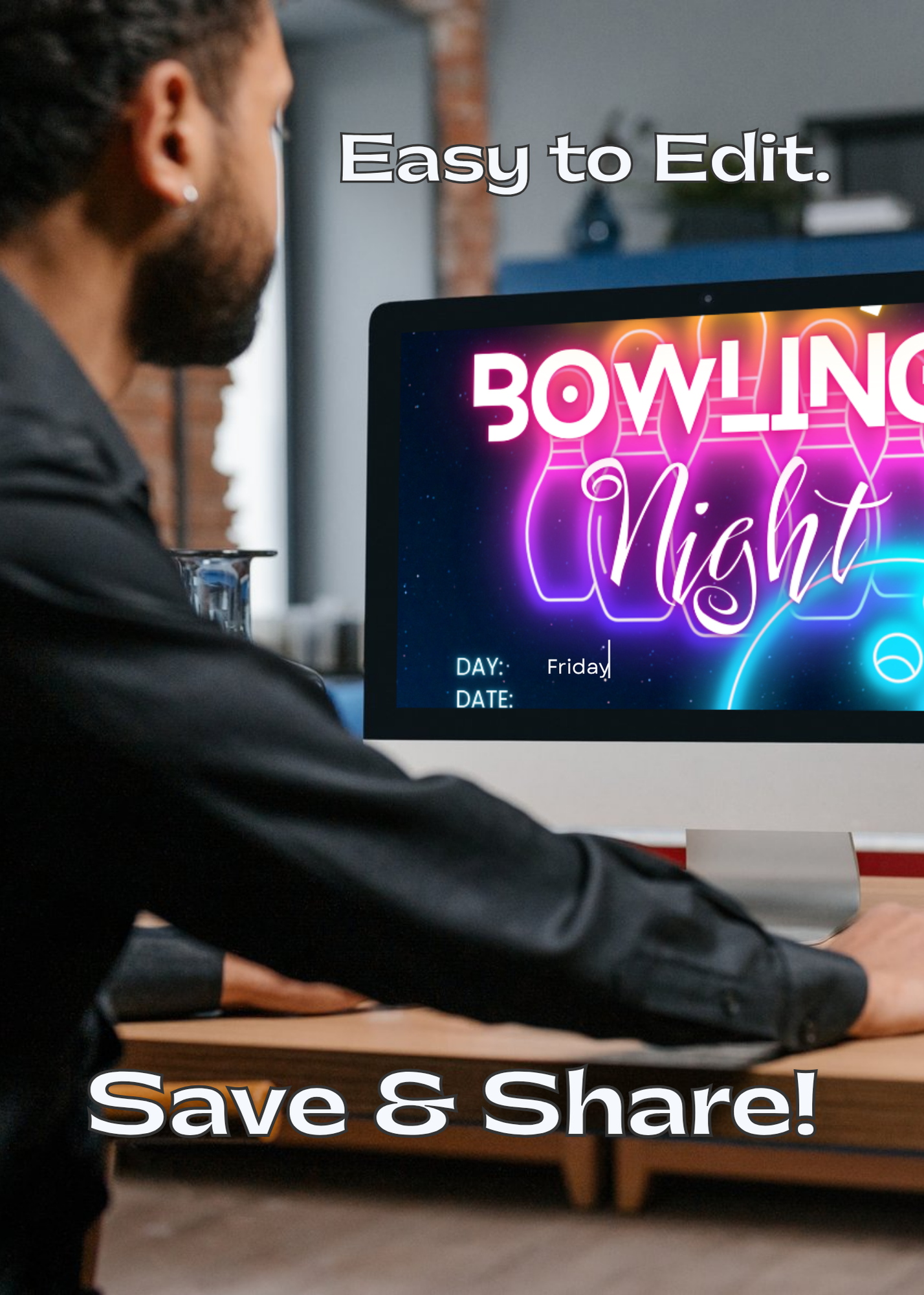 Person using a computer with the easily fillable 'Youth Bowling Night' event flyer on the screen.