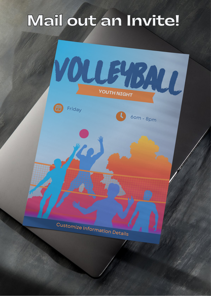 Mail Out Invitation example of the customizable flyer for 'Youth Volley Ball' with a sunset background and silhouetted group playing ball. 
