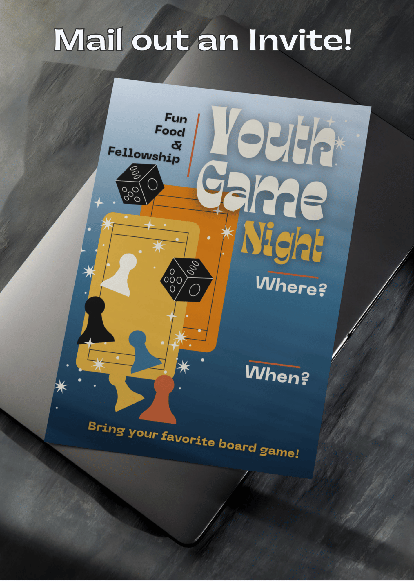 Invitation flyer for Youth Game Night with dice and cards design on a gray surface.