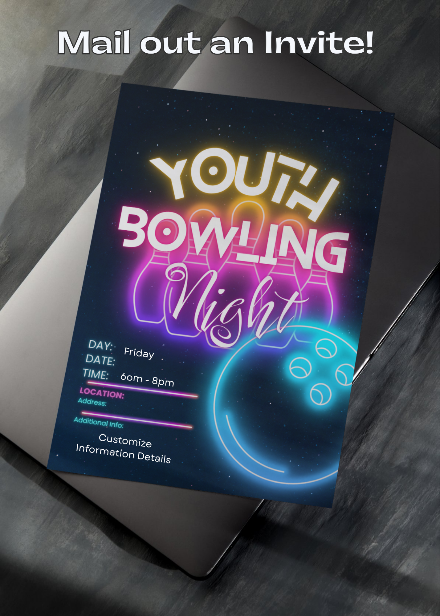 Neon-colored 'Youth Bowling Night' flyer on a dark surface with text overlay.