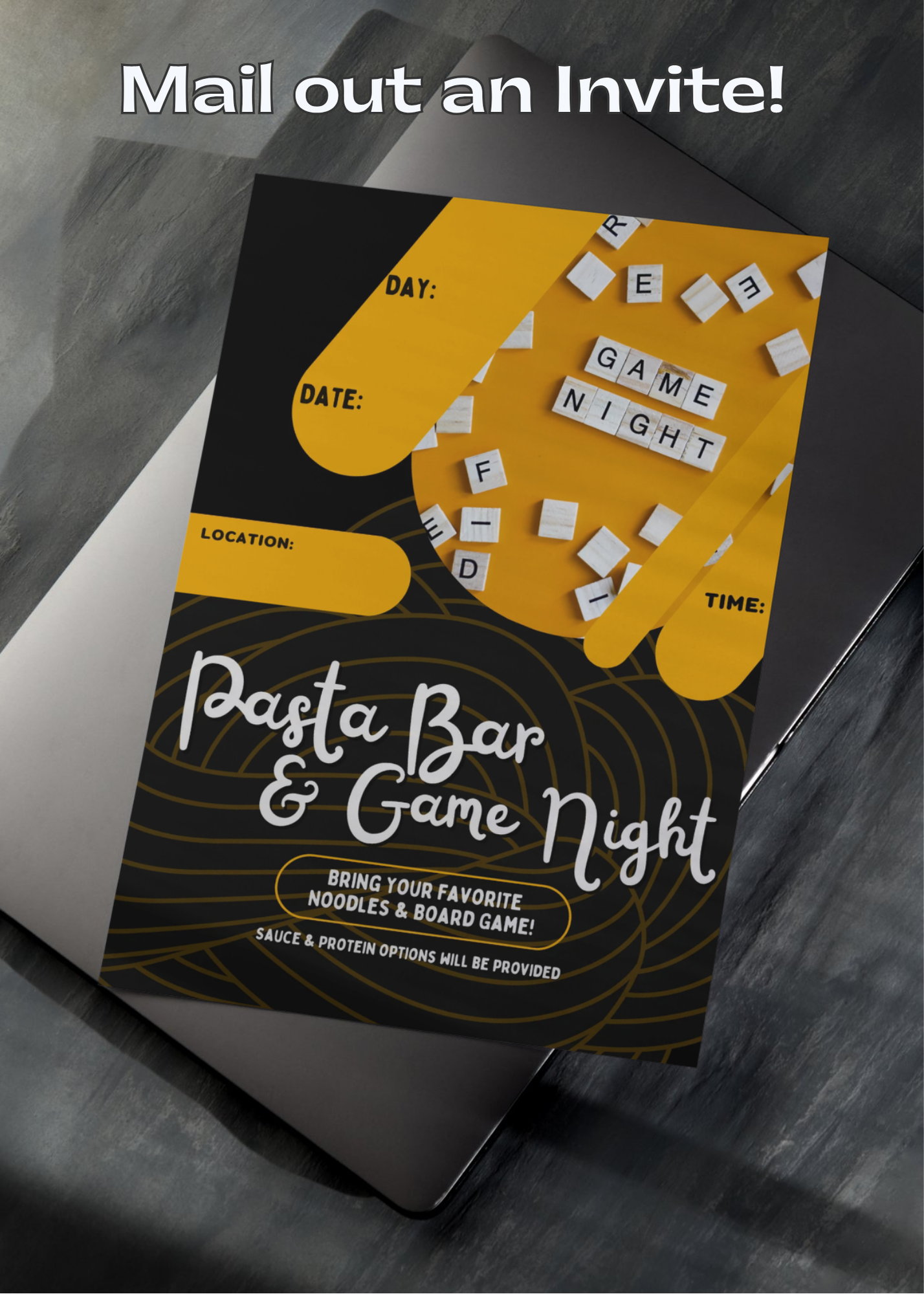 Mailable Flyer example for a Pasta Bar & Game Night with a yellow and black design.