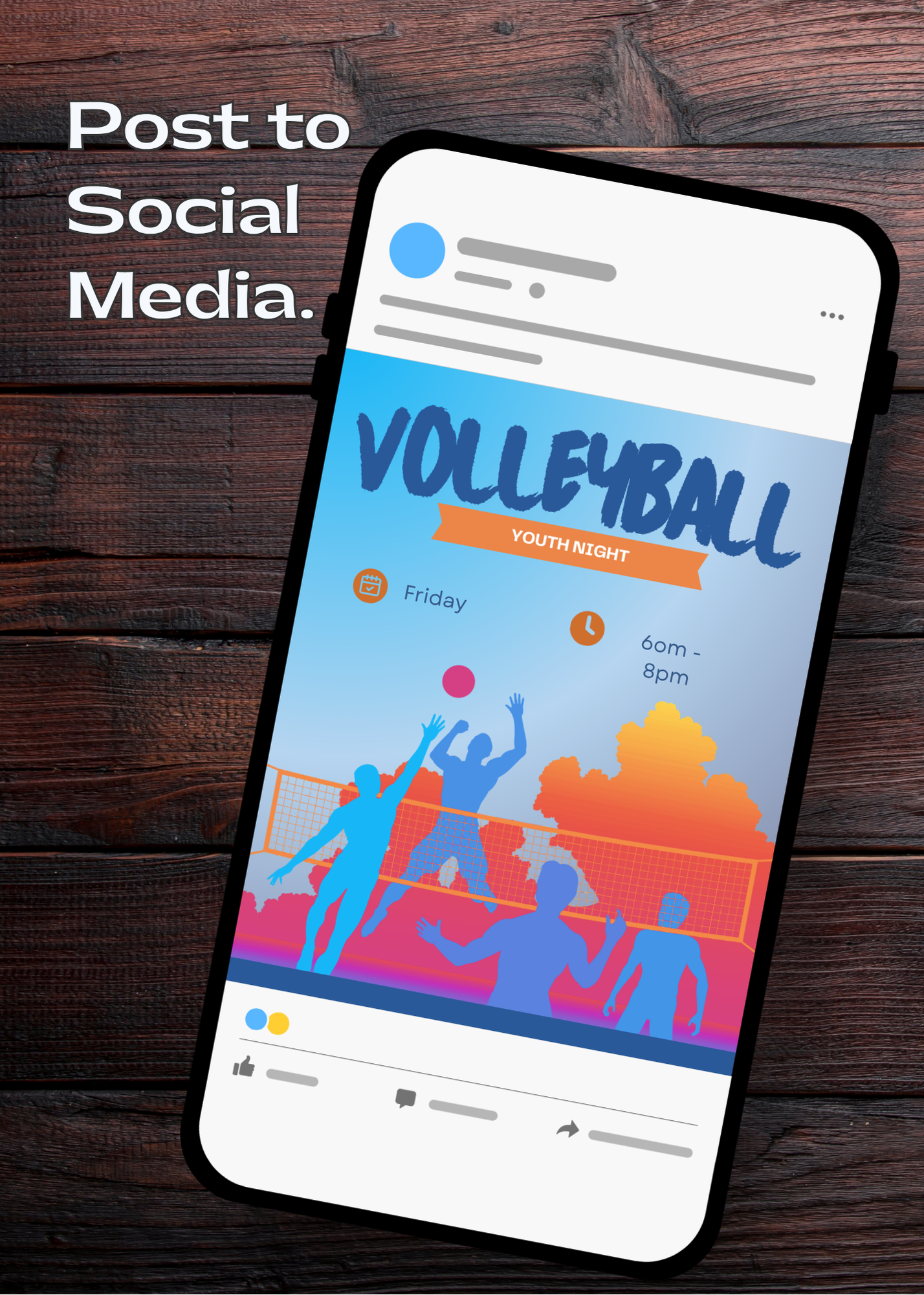 Phone screen displaying a volleyball event poster with silhouettes on a wooden background