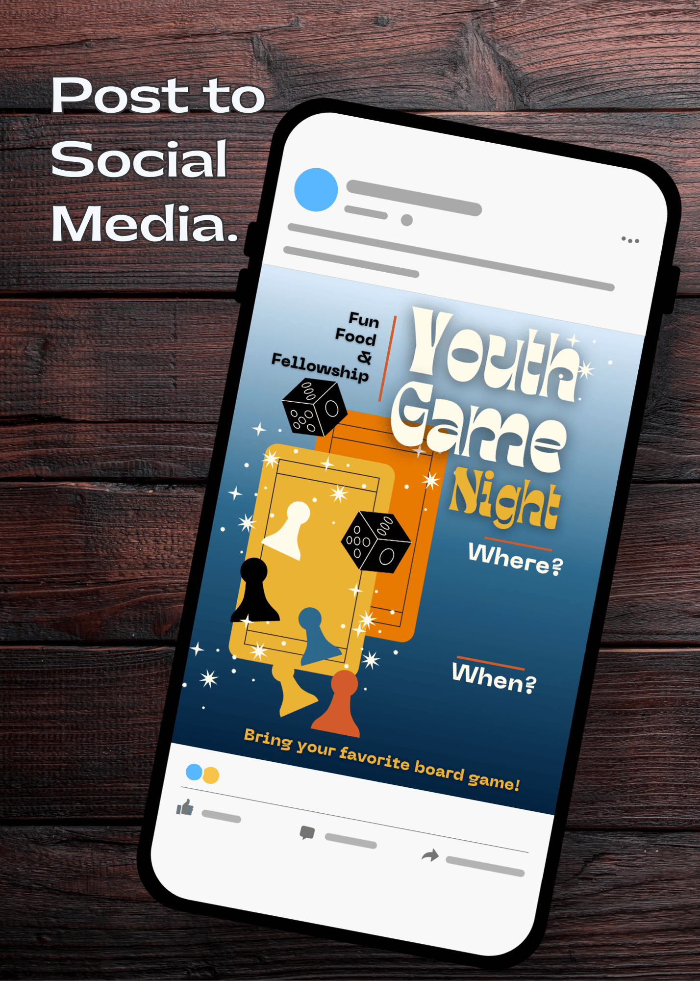 Phone screen displaying a Social Media post of the customizable teen ministry flyer for a 'Youth Game Night' outreach.