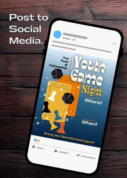 Phone screen displaying a Social Media post of the customizable teen ministry flyer for a 'Youth Game Night' outreach.