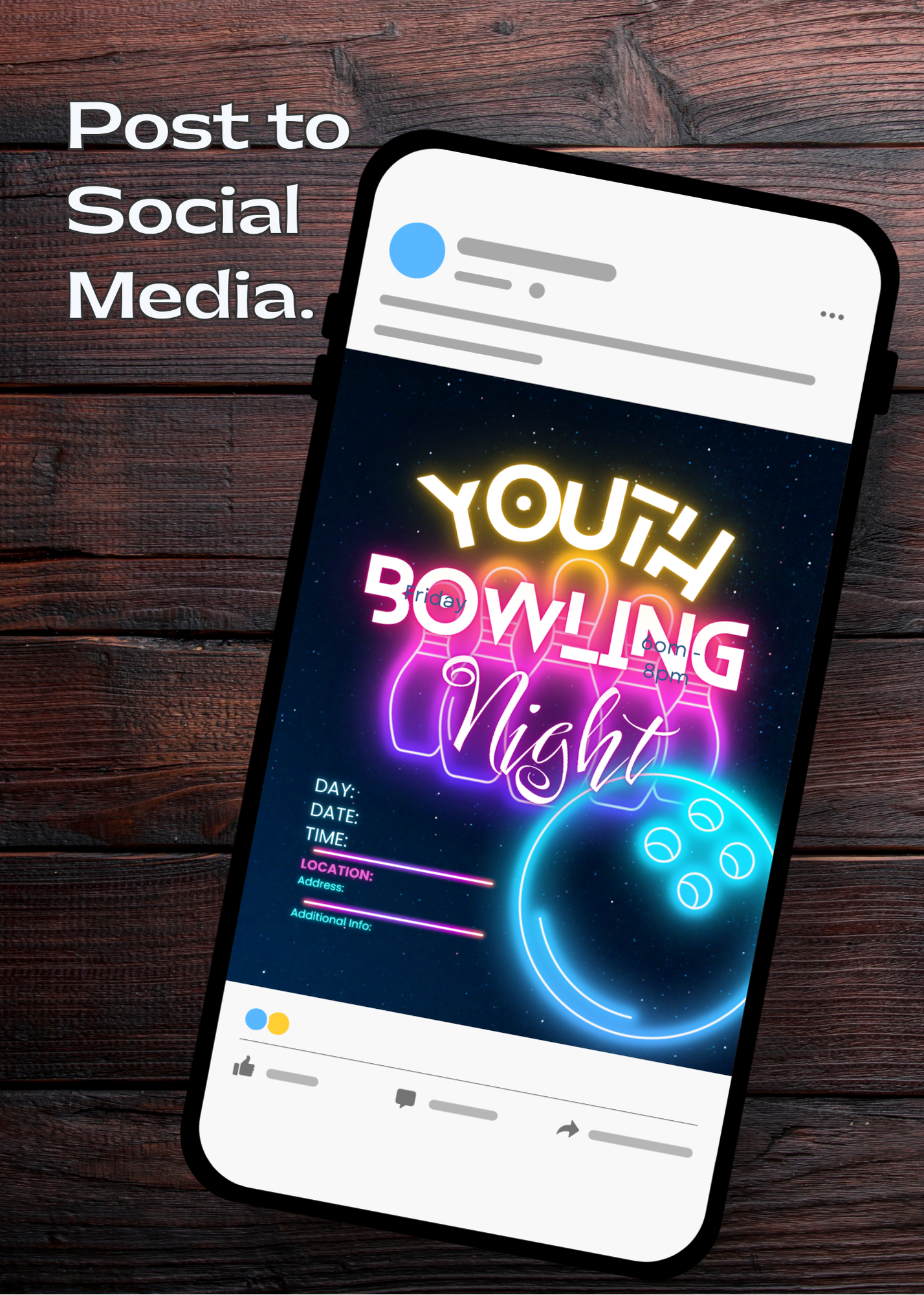 Phone screen displaying a 'Youth Bowling Night' event with social media post interface on a wooden background.