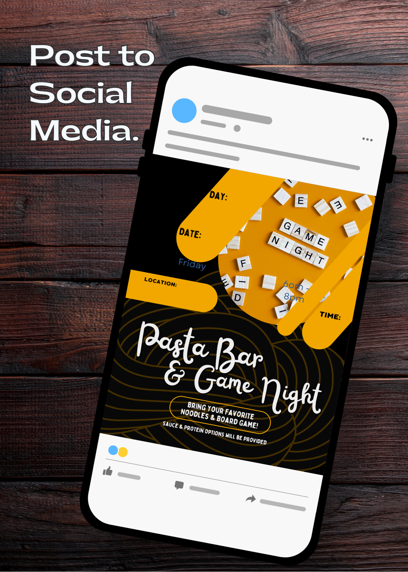Phone screen showing a social media post for 'Pasta Bar & Game Night' with a wooden background.