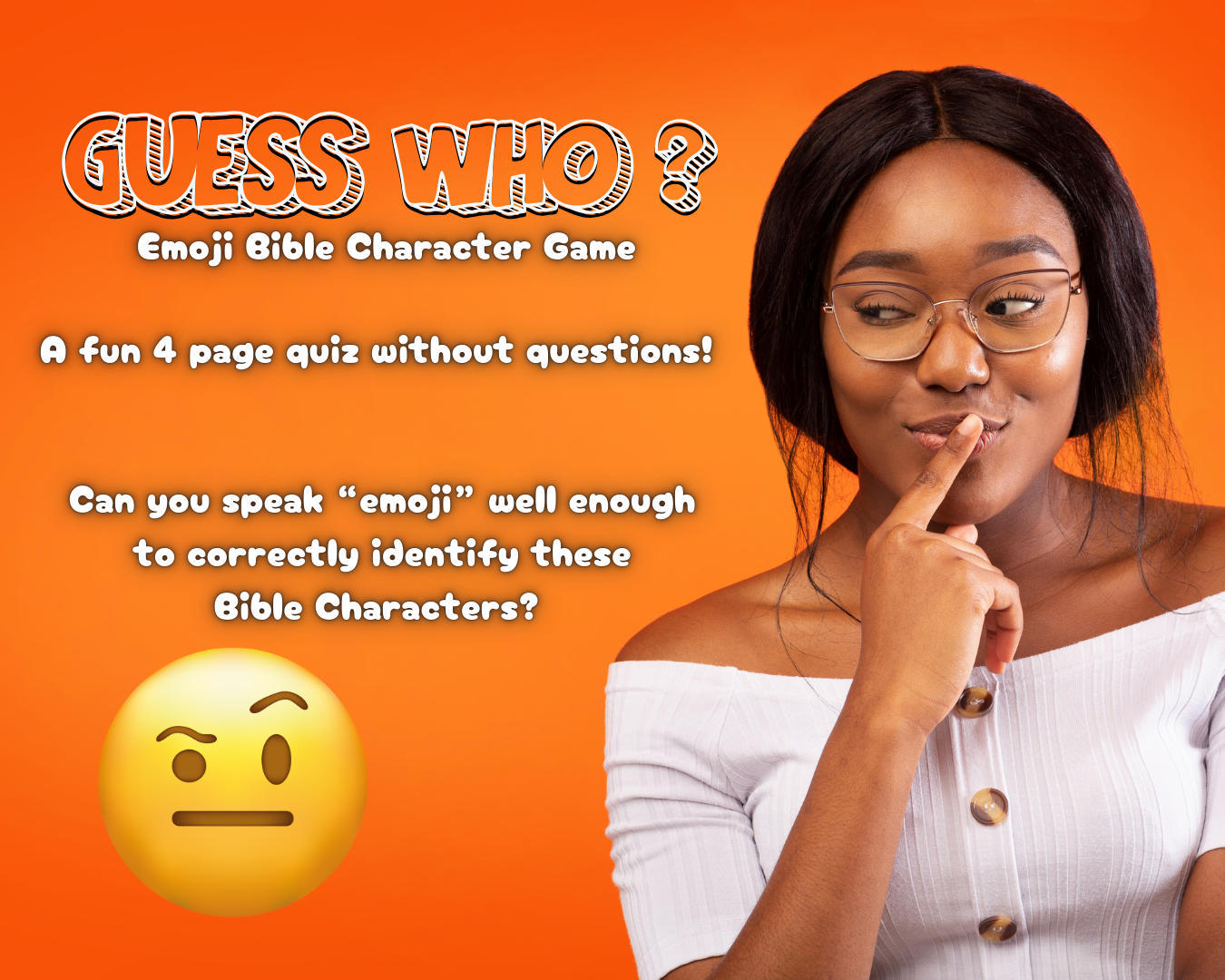Promotional graphic for 'Guess Who?' emoji Bible character game with a woman thinking and an emoji on an orange background.