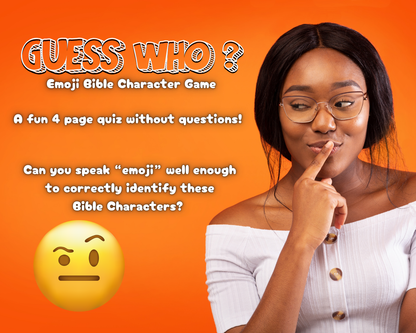 Promotional graphic for 'Guess Who?' emoji Bible character game with a woman thinking and an emoji on an orange background.