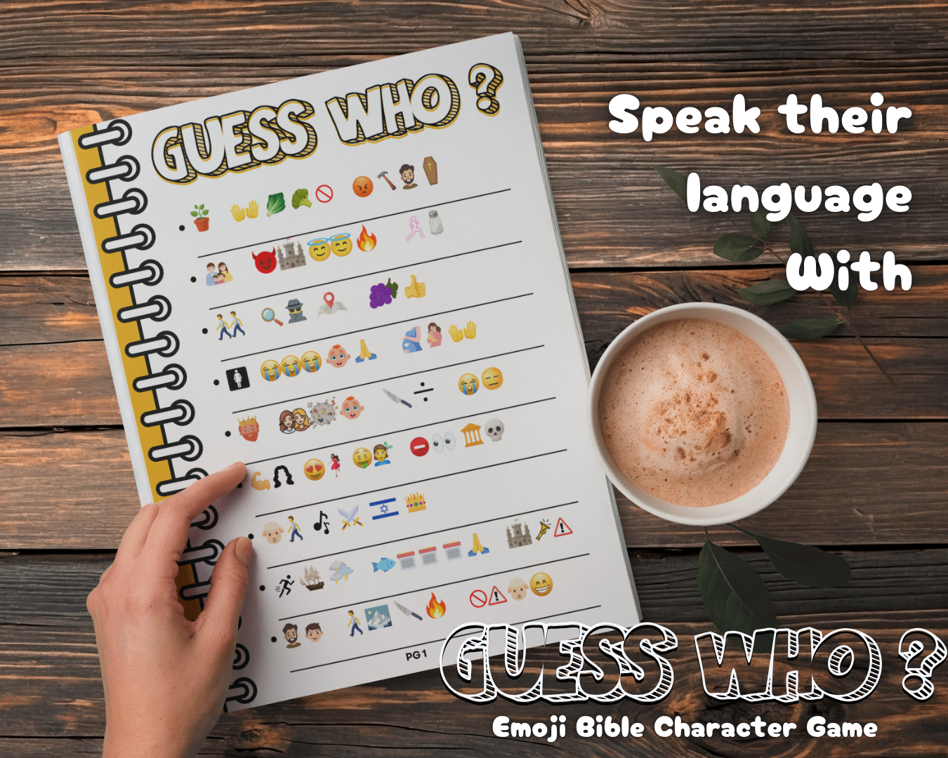 Guess Who? emoji Bible character game example page on a wooden surface with a cup of coffee.