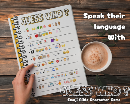 Guess Who? emoji Bible character game example page on a wooden surface with a cup of coffee.