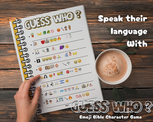 Guess Who? emoji Bible character game example page on a wooden surface with a cup of coffee.