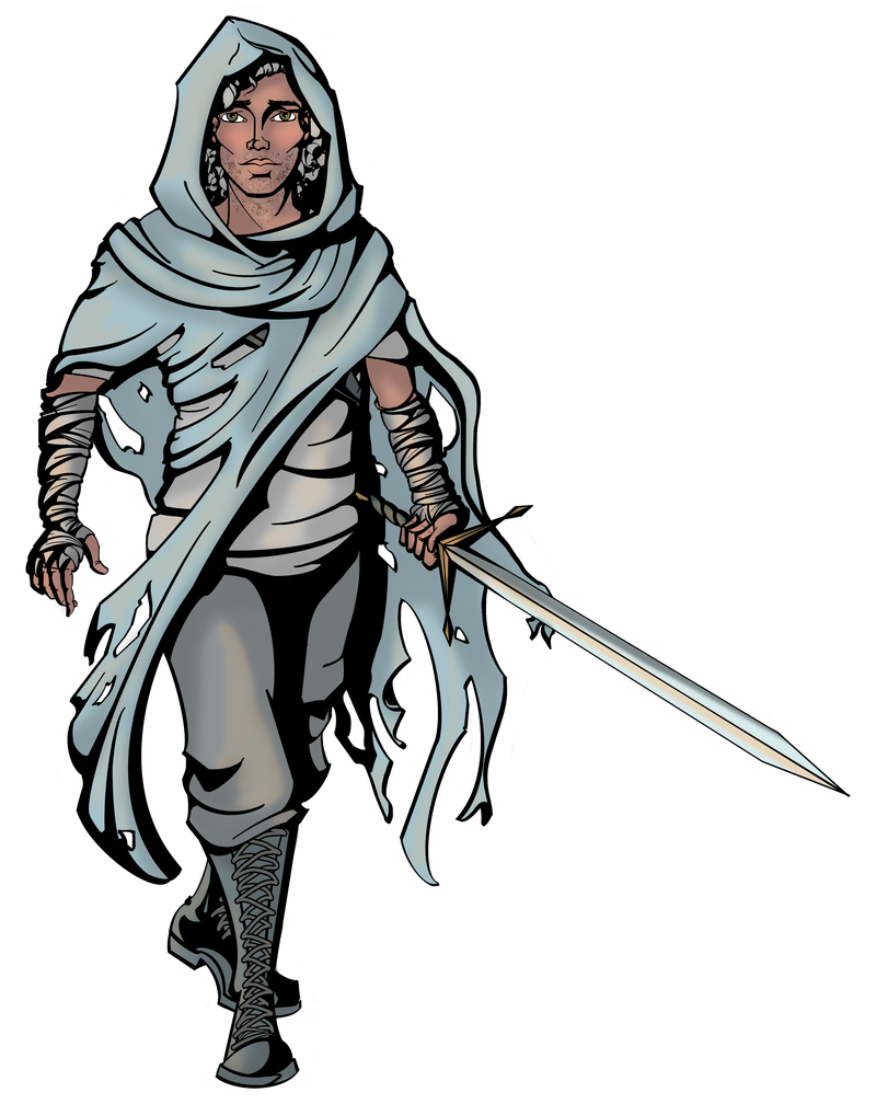 H, represents the Holy Spirit in The Sovereign Choice. He is clad in a dirty white/gray hooded cloak that has strips of cloth coming loose, flowing past his knees, his hands are wrapped in gray cloth, much like a boxer’s would be. He is tall, well built, and seems young and carries a long broad sword,
