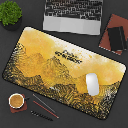 Mark 9: 21-25 - 'I Believe, Help my Unbelief' Christian Desk Mat 12 x 22 Top View in Use on Desk next to laptop and office utensils