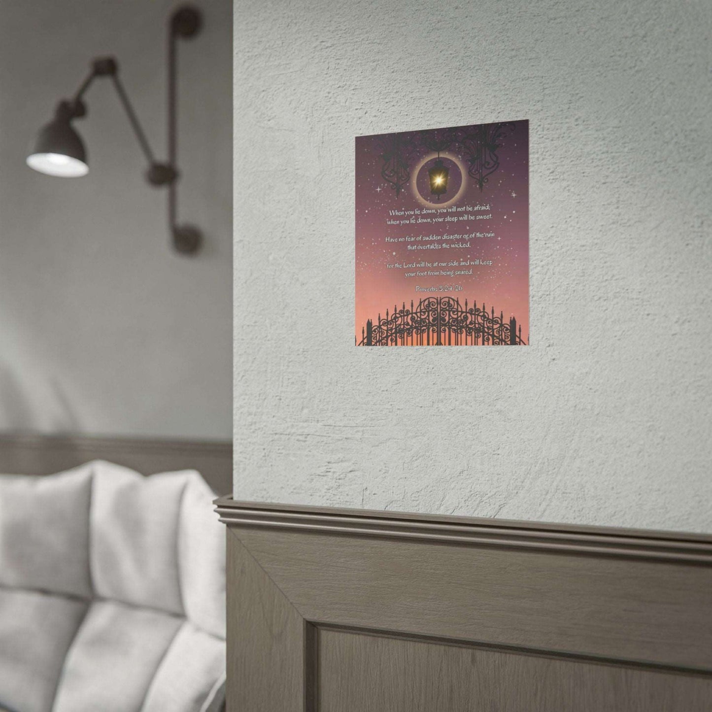 Proverbs 3: 24-26- 'When I lie down, I will not be afraid' Christian Art Poster 9 x 11 size example on wall in living room 