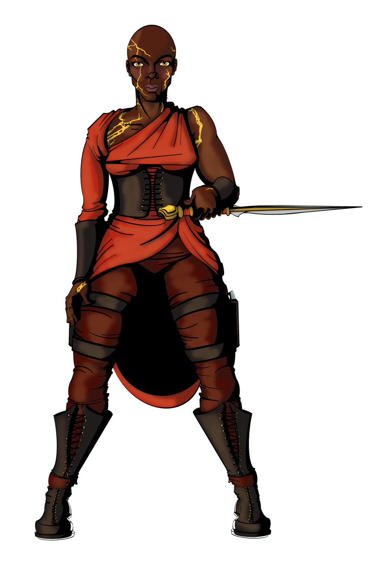 Inara. Sovereign Choice Character who represents faith. Dressed in her fierce red/orange and black battle armor while holding a sword on a white background