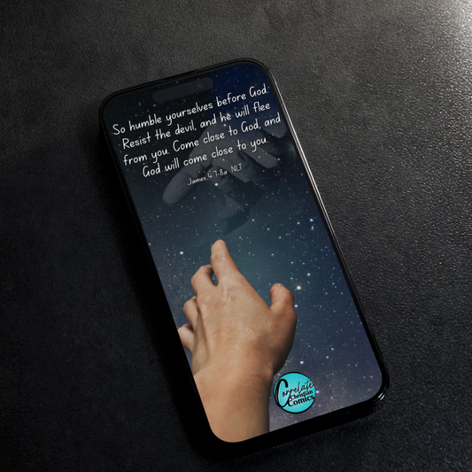 A smartphone displaying a wallpaper with a cosmic background and a hand reaching out to another hand. The wallpaper includes a Bible verse from James 4:7-8a.