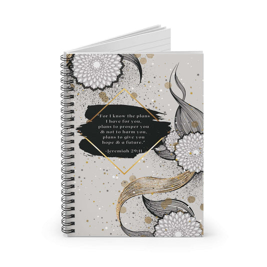 Jeremiah 29:11- 'God Knows the Plans He Has for You' Spiral Christian Journal Upright, slightly open, no background
