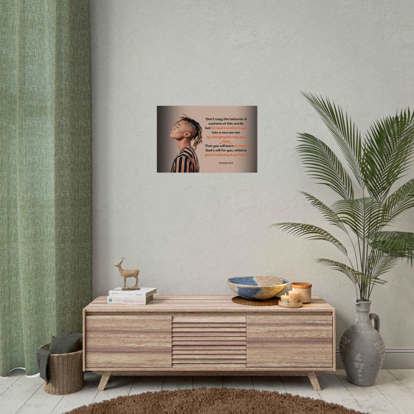 Romans 12:2- 'Let God Transform You' Christian Art Poster 18 x 24 size example on wall in living room
