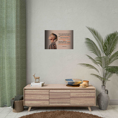 Romans 12:2- 'Let God Transform You' Christian Art Poster 18 x 24 size example on wall in living room