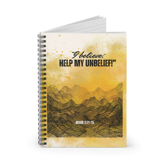 Mark 9:21-25- 'I Believe, Help My Unbelief!' Spiral Christian Journal Upright, slightly open, no background
