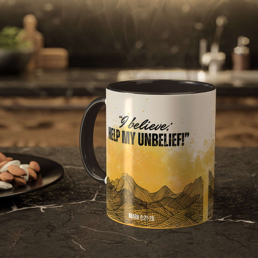 Mark 9: 21-25 - 'I Believe, help my unbelief!' Scripture Coffee Mugs Black interior and handle, steaming on a kitchen counter