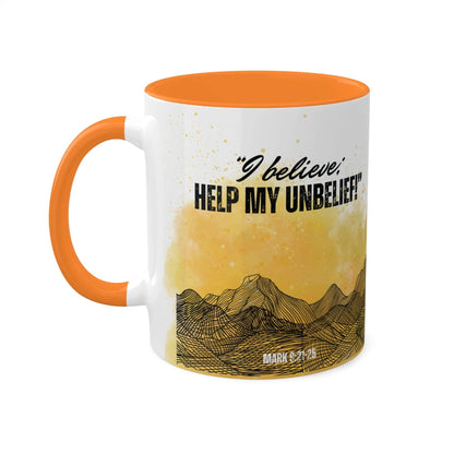 Mark 9: 21-25 - 'I Believe, help my unbelief!' Scripture Coffee Mugs Golden Orange interior and handle, Back view, no background
