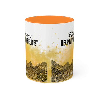 Mark 9: 21-25 - 'I Believe, help my unbelief!' Scripture Coffee Mugs Golden Orange interior and handle, Side view, no background