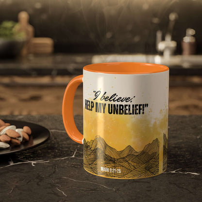 Mark 9: 21-25 - 'I Believe, help my unbelief!' Scripture Coffee Mugs Golden Orange interior and handle, steaming on a kitchen counter