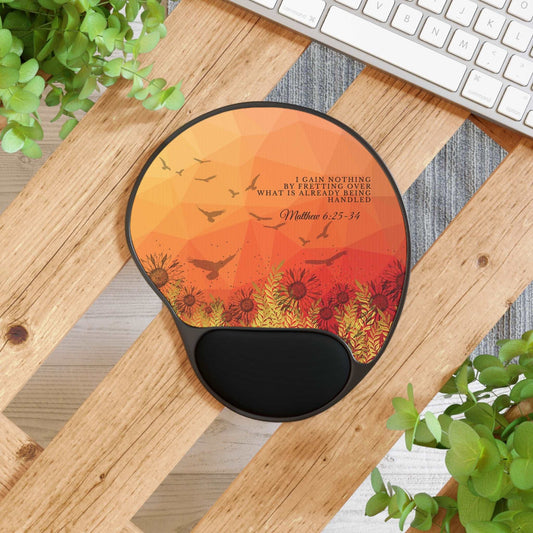 Matthew 6:25-34 - 'I Gain Nothing by Fretting' Scripture Mouse Pad Top View in Use on Desk next to keyboard on desk plants.