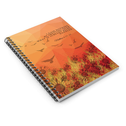 Matthew 6:25-34 - 'I Gain Nothing by Fretting...' Spiral Biblical Affirmations Journal Laying Flat Front Cover, no background