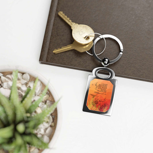 Matthew 6:25-34 - 'I Gain Nothing by Fretting' Christian Keychain in use example with keyring & keys